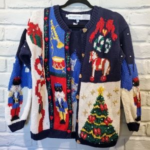 Vintage ugly Christmas cardigan sweater, medium. Nutcracker/sugar plum fairy